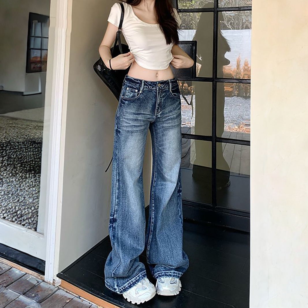 复古微喇牛仔裤女2025春季美式高街低腰宽松直筒阔腿拖地喇叭裤子