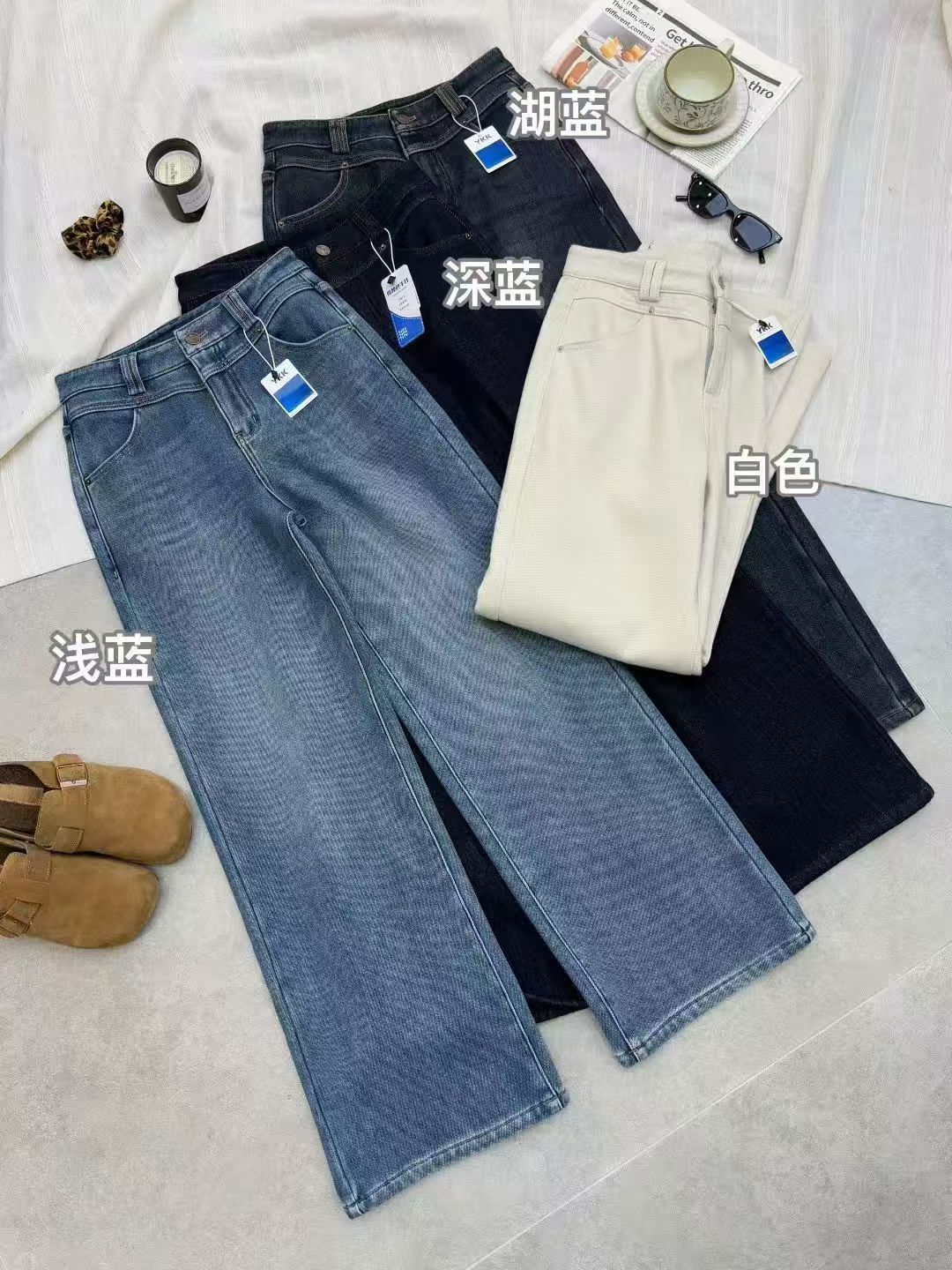 橙子小店 CE00249 秋冬加绒百搭直筒立体拼接腰牛仔裤