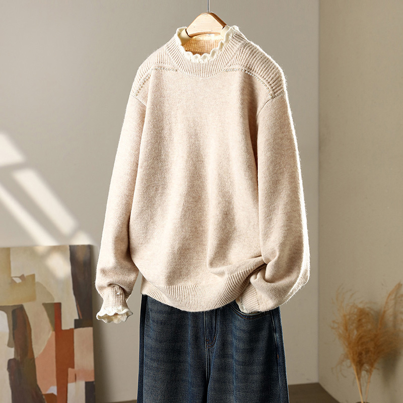 0675*钉珠洋气圆领套头纯色针织衫长袖休闲女装针织上衣