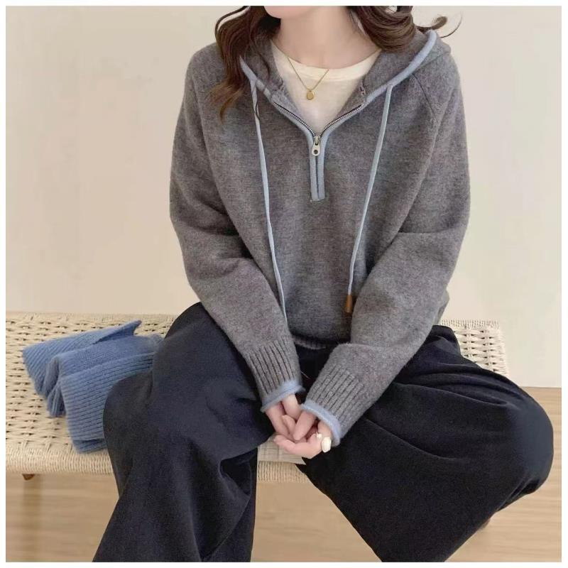 【牛角标飘带连帽】韩系秋冬新款高级半开拉链连帽针织衫2286