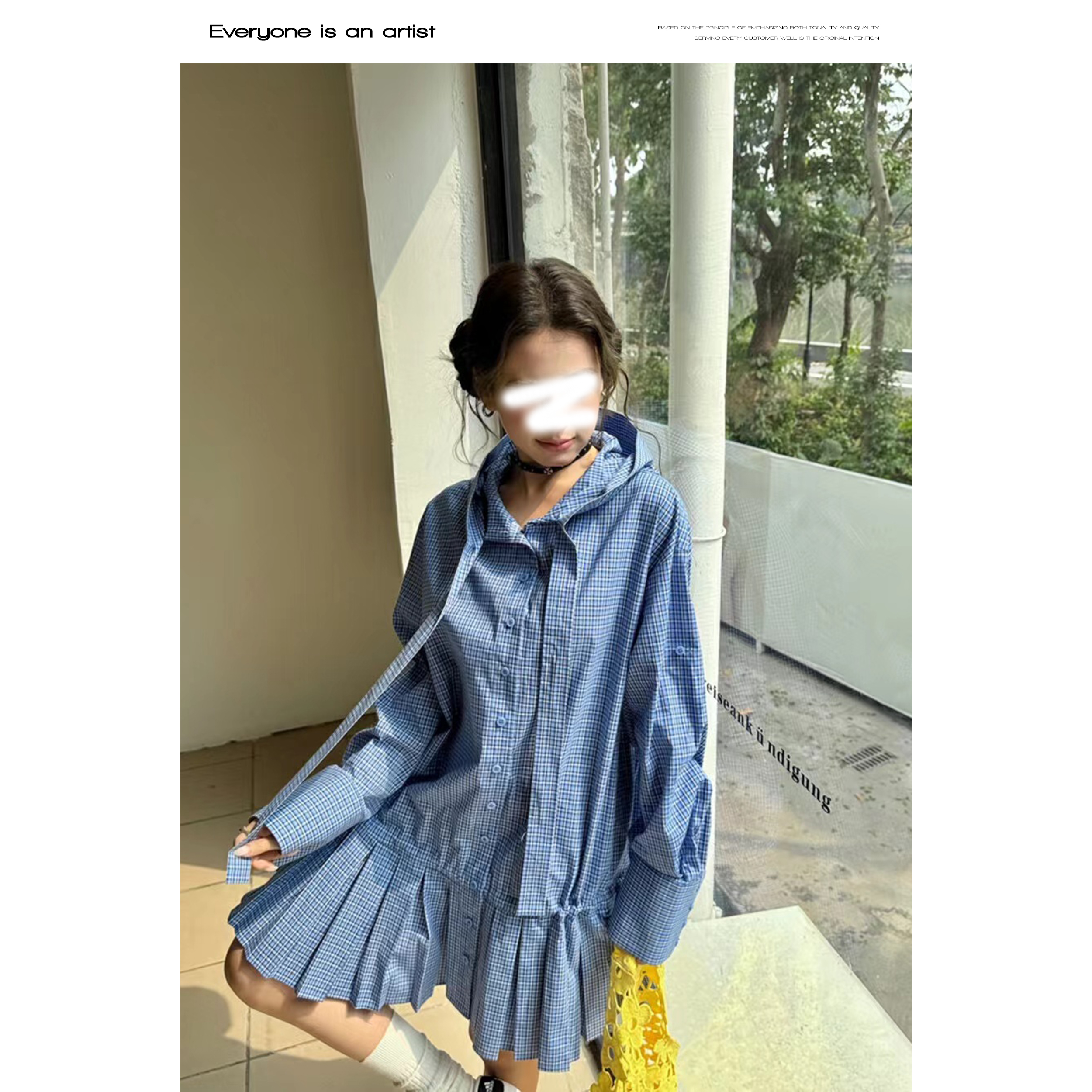 88722学院风宽松压褶连衣裙