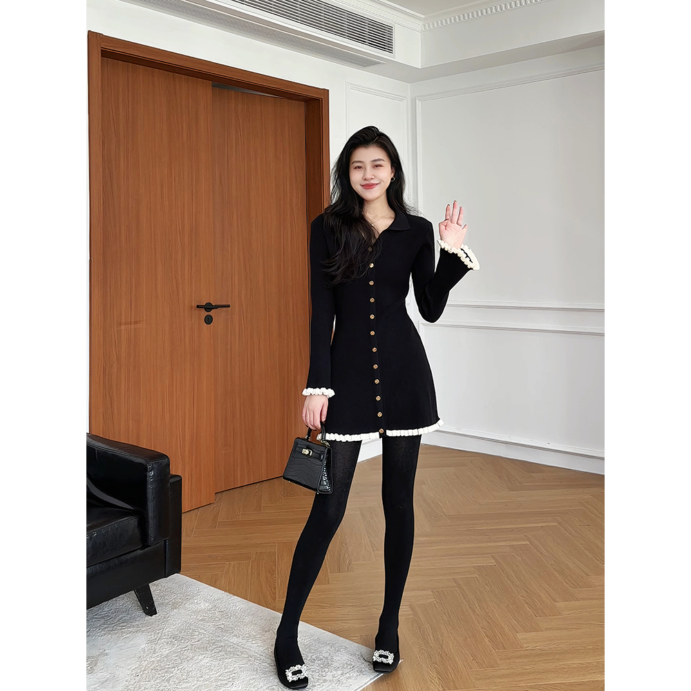 张阿星 【山茶手信】赫本气质黑白撞色高弹收腰修身高腰针织连衣裙 