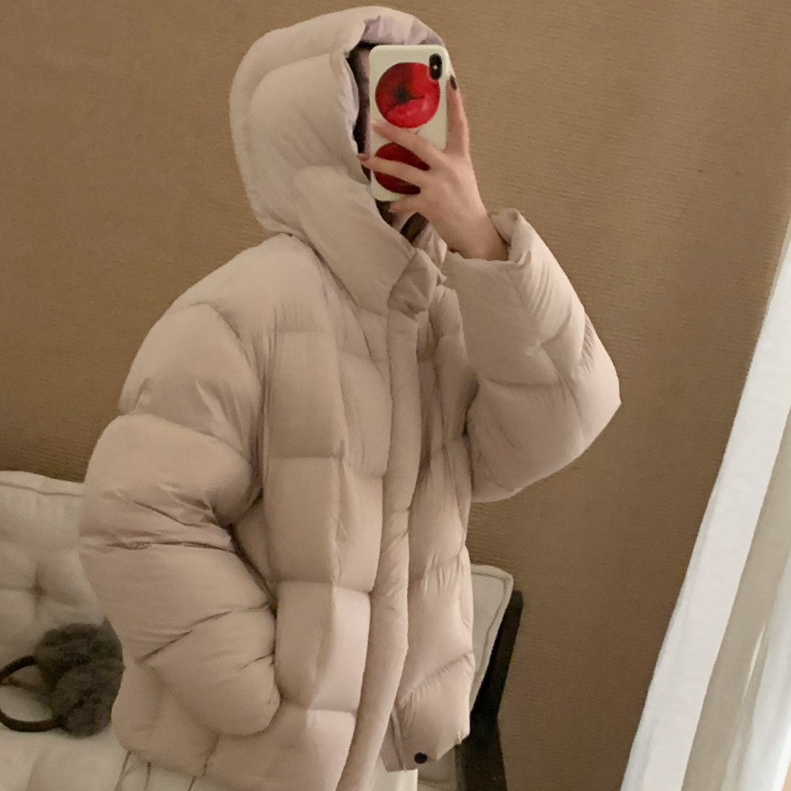 【梨花服饰】豆腐块连帽羽绒