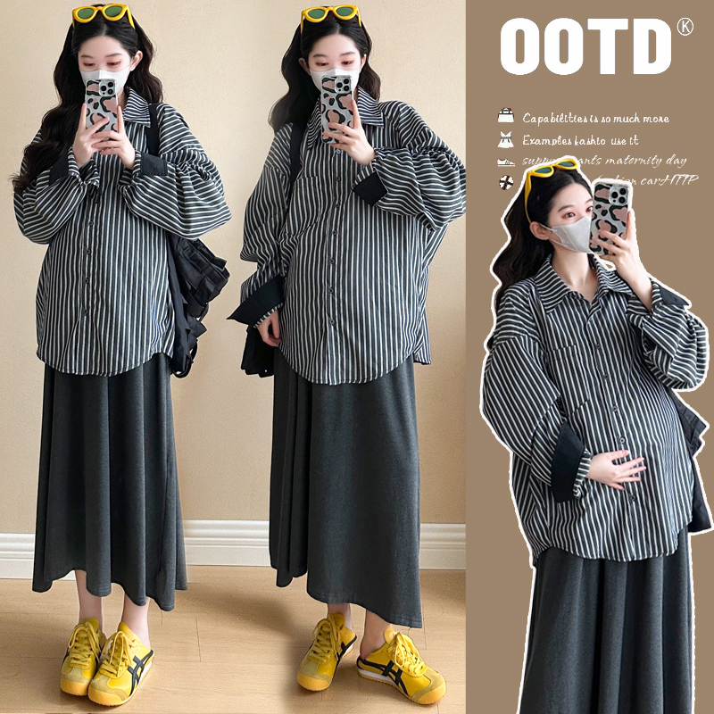 2025春季新款慵懒风孕妇衬衣套装+托腹半裙宽松显瘦遮肉百搭孕妈