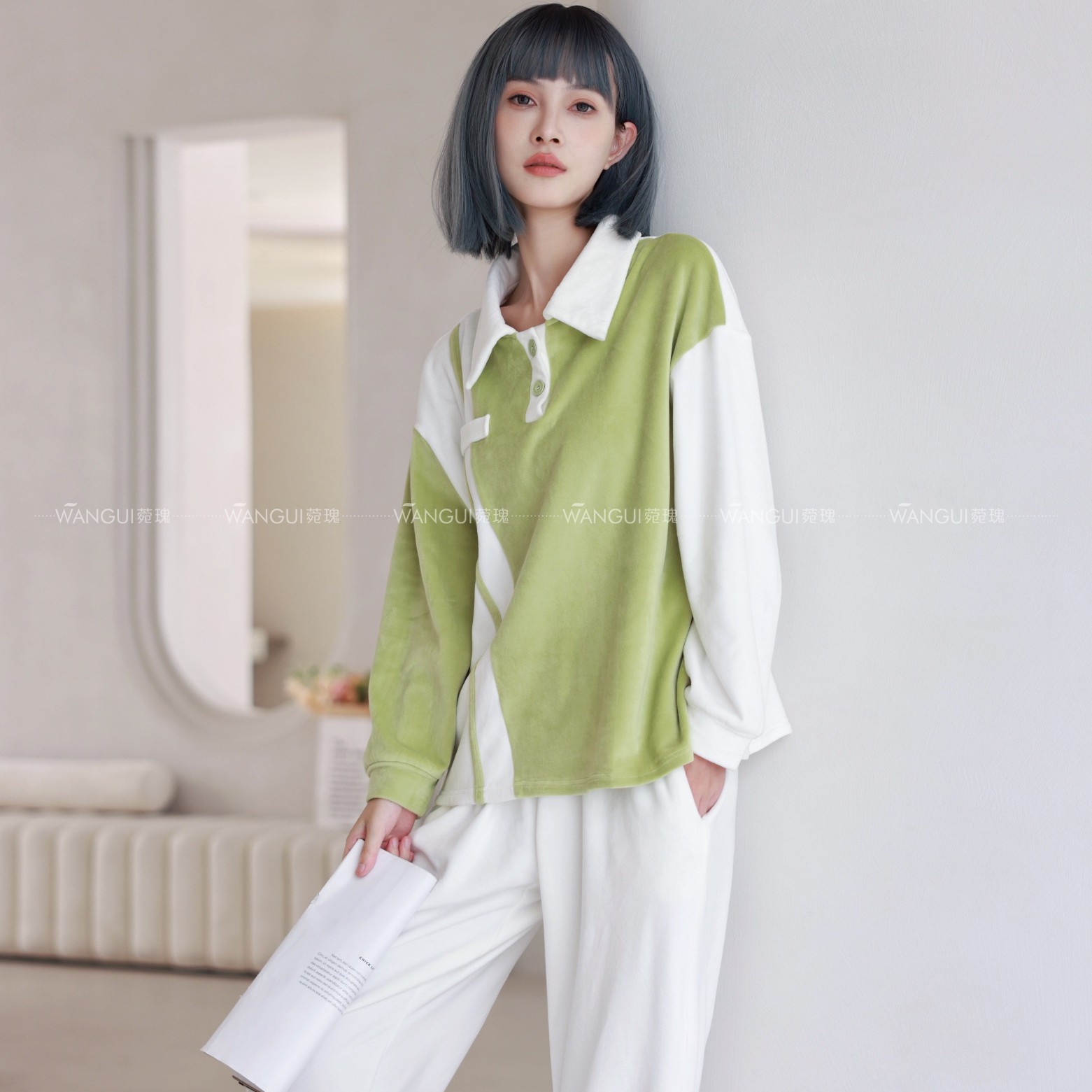 WG正品海岛绒女士高级感睡衣秋冬新款保暖POLO可外穿家居服套装