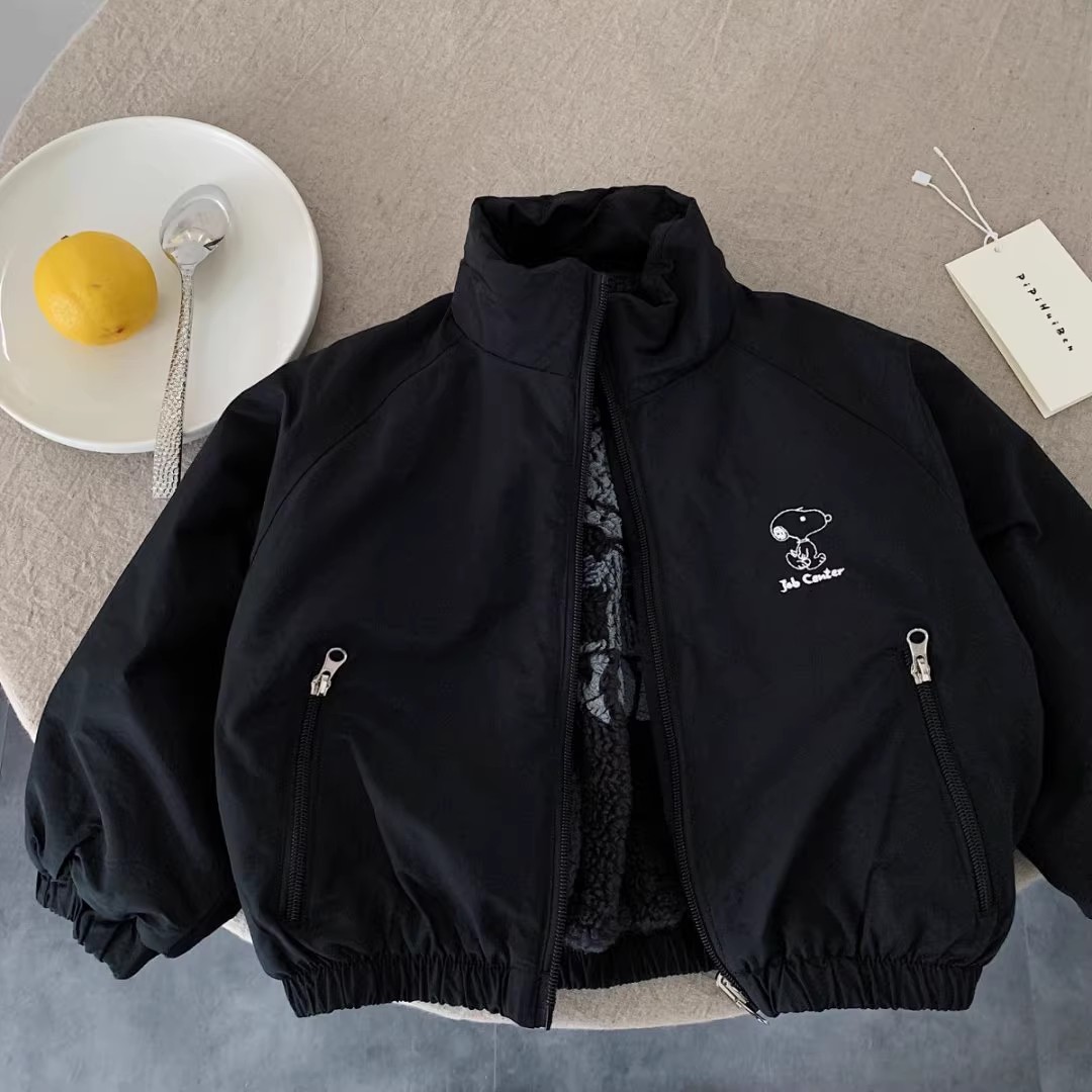 男儿童外套2025冬季男童潮牌卡通加绒上衣宝宝小童正反两面穿棉衣