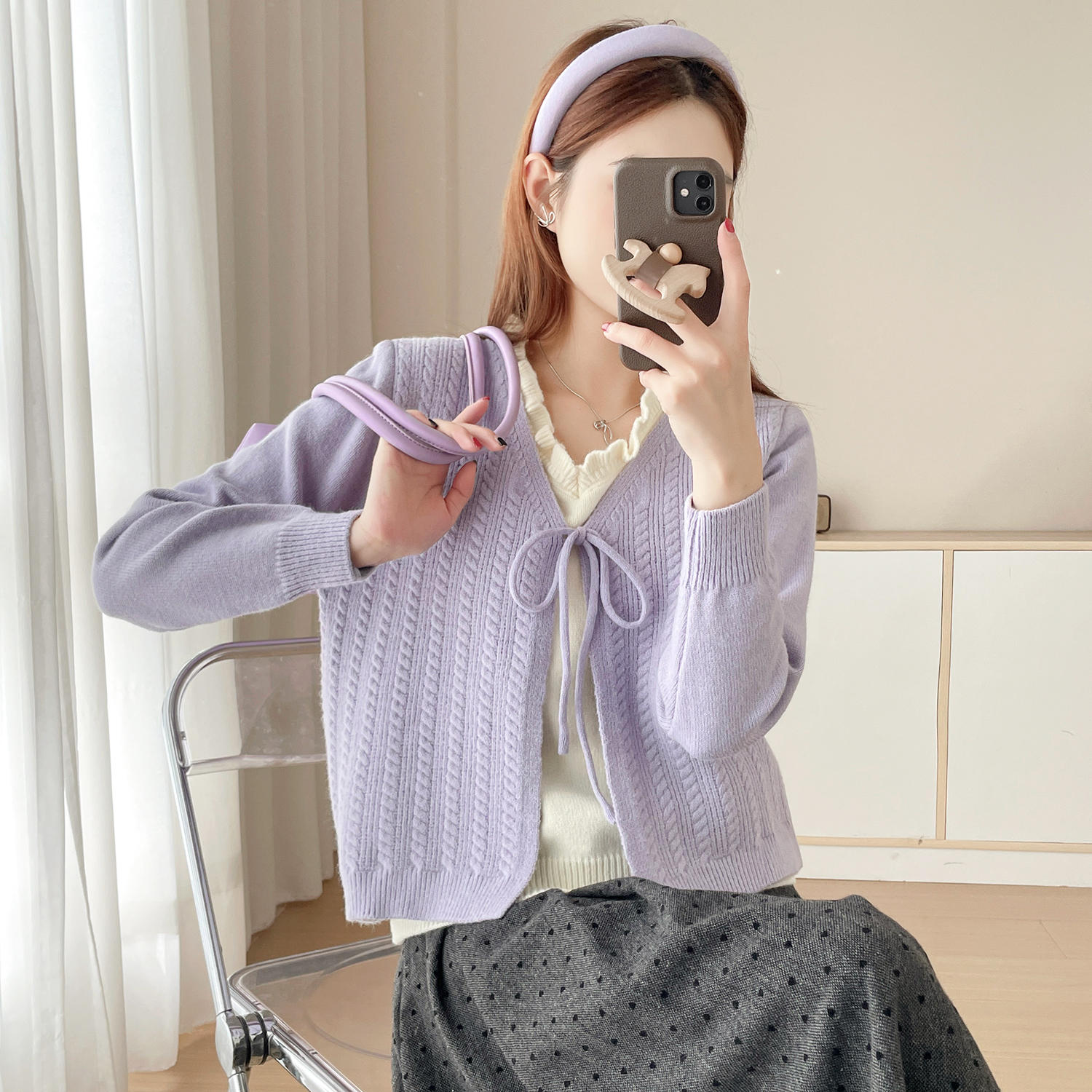 苏醒的乐园秋季新款开衫女假两件SXMY53191立体花纹时尚V领毛衣