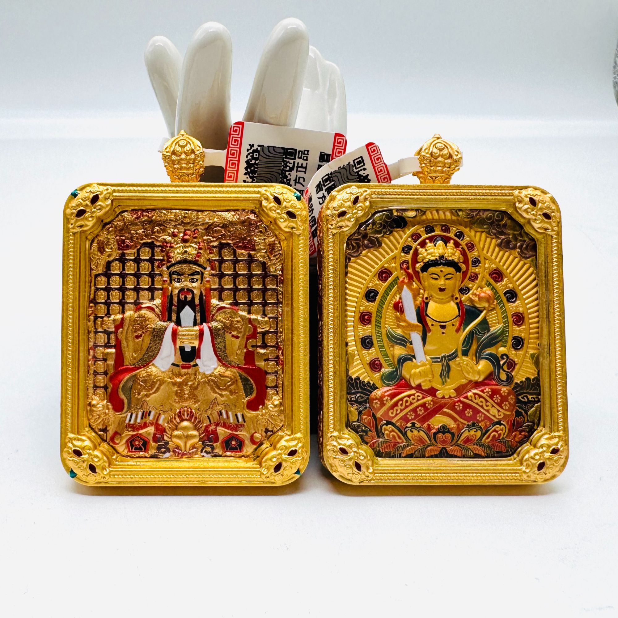 铜玻璃吊坠 纯铜镀金双面立体浮雕唐卡 五台山发货