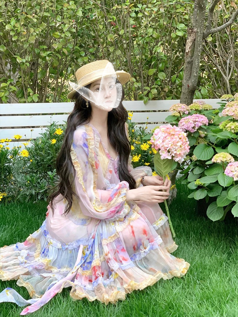 【花莫】海边度假渐变色v领短款连衣裙女2025夏季公主泡泡袖