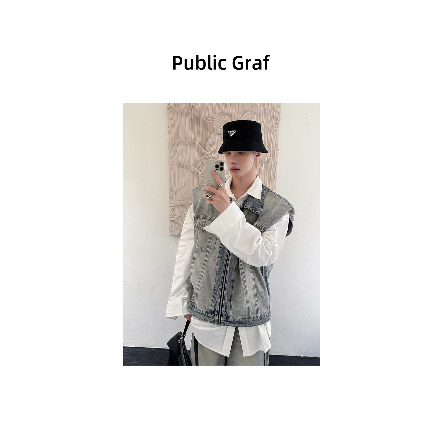 高林凡韩版水洗做旧设计感时髦马甲百搭酷帅牛仔裤套装【带垫肩】