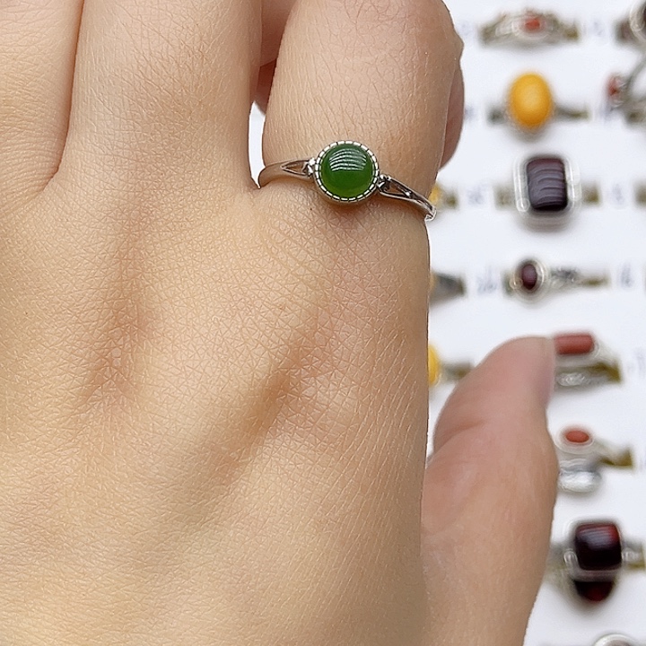 和田玉戒指银S925镶嵌天然