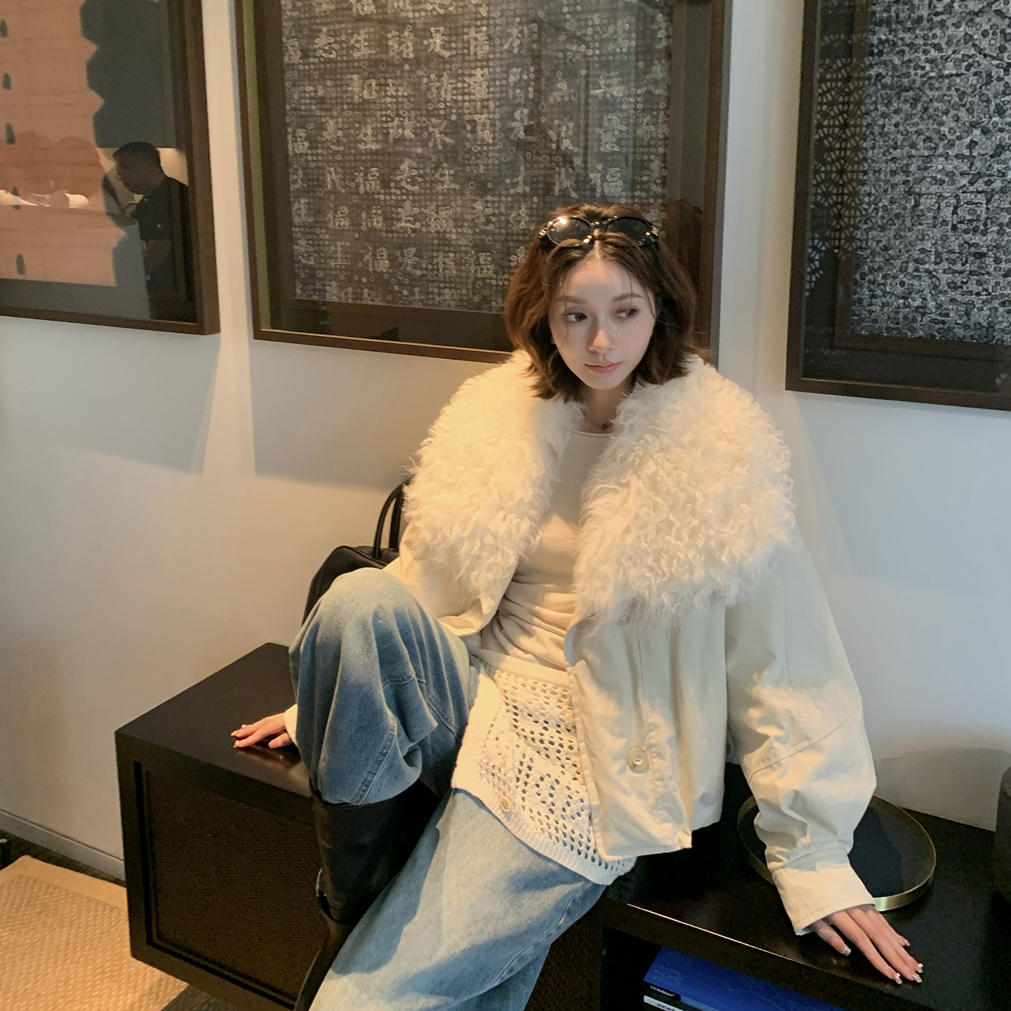 颜值爆表 90白鹅绒羽绒派克服短款外套 皮毛一体羊羔毛皮草女332