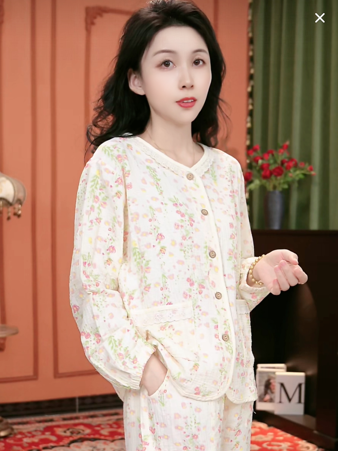 2025年粉色碎花双层棉纱长袖两件套宽松家居服睡衣女士AJJ