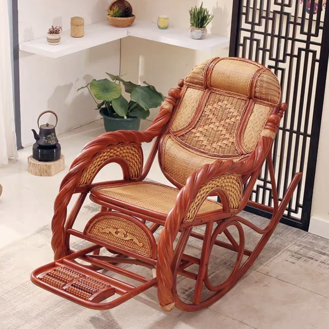 新中式天然真藤摇椅家用休闲躺椅