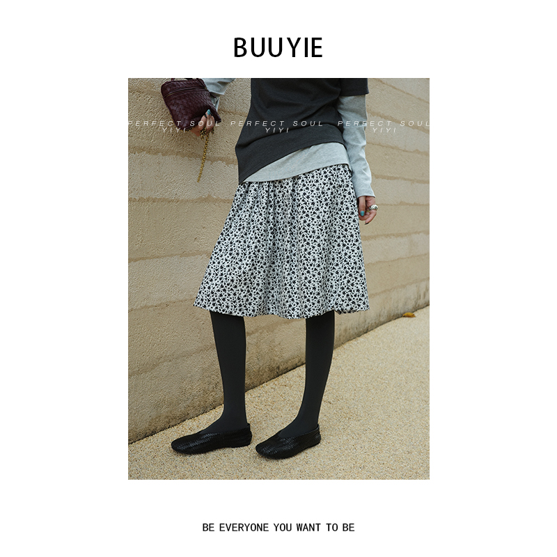 BUUYIE 25SS【简逸】复古碎花a字裙子小个子中裙伞裙 250947