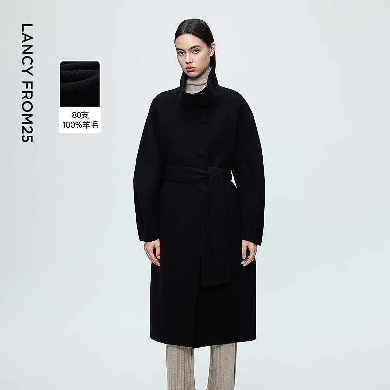 朗姿纯羊毛弯刀袖双面呢大衣气质通勤时尚毛呢外套2025年冬季新款