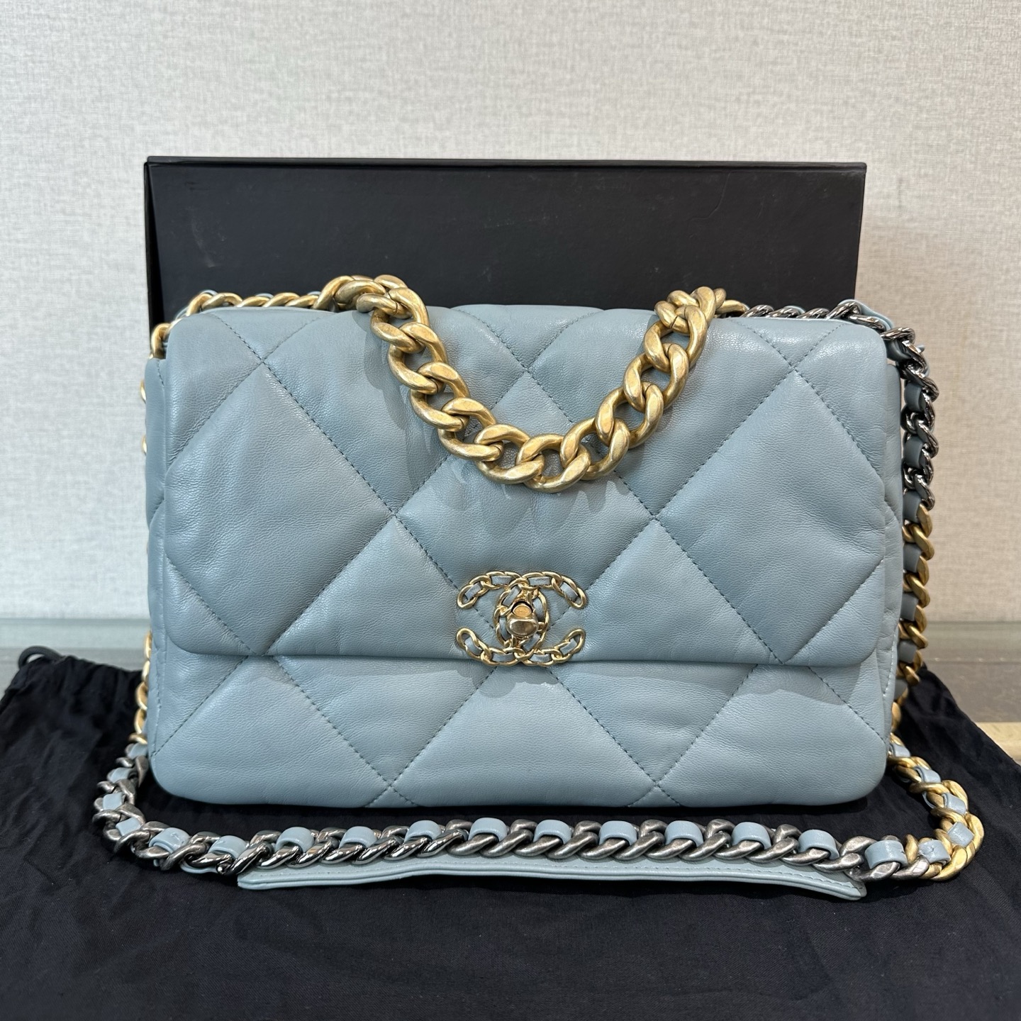 95新 Chanel/香奈儿 蓝金19bag中号单肩斜挎链条包 21130