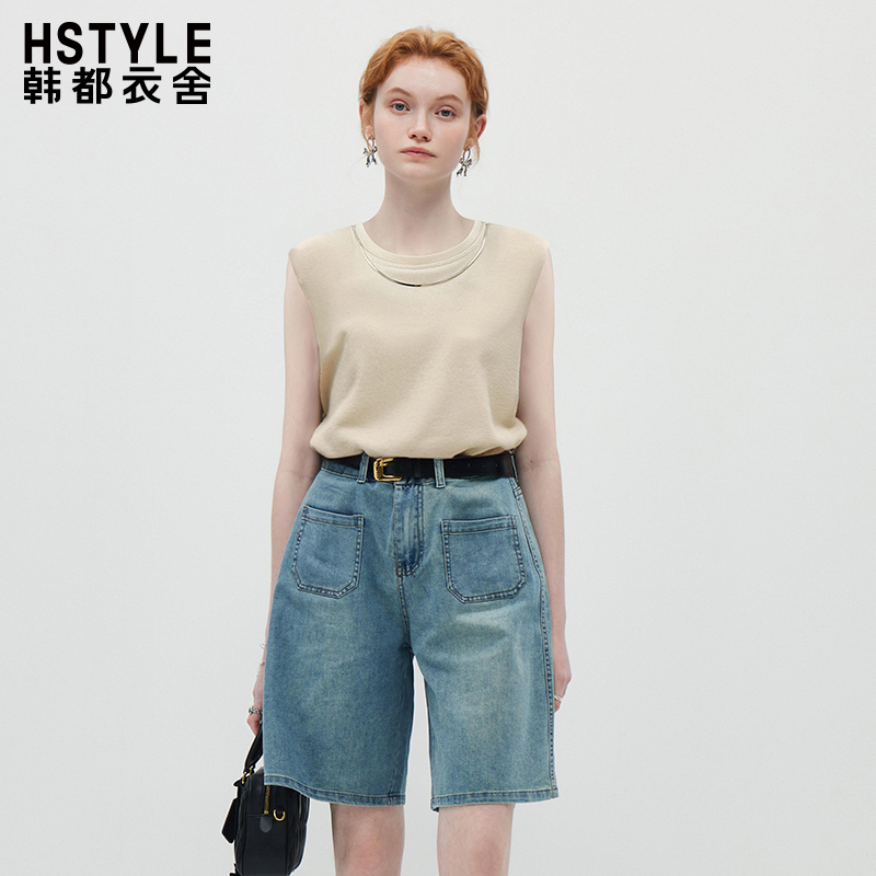韩都衣舍时尚高级圆领无袖T恤女休闲宽松简约百搭背心夏季新款