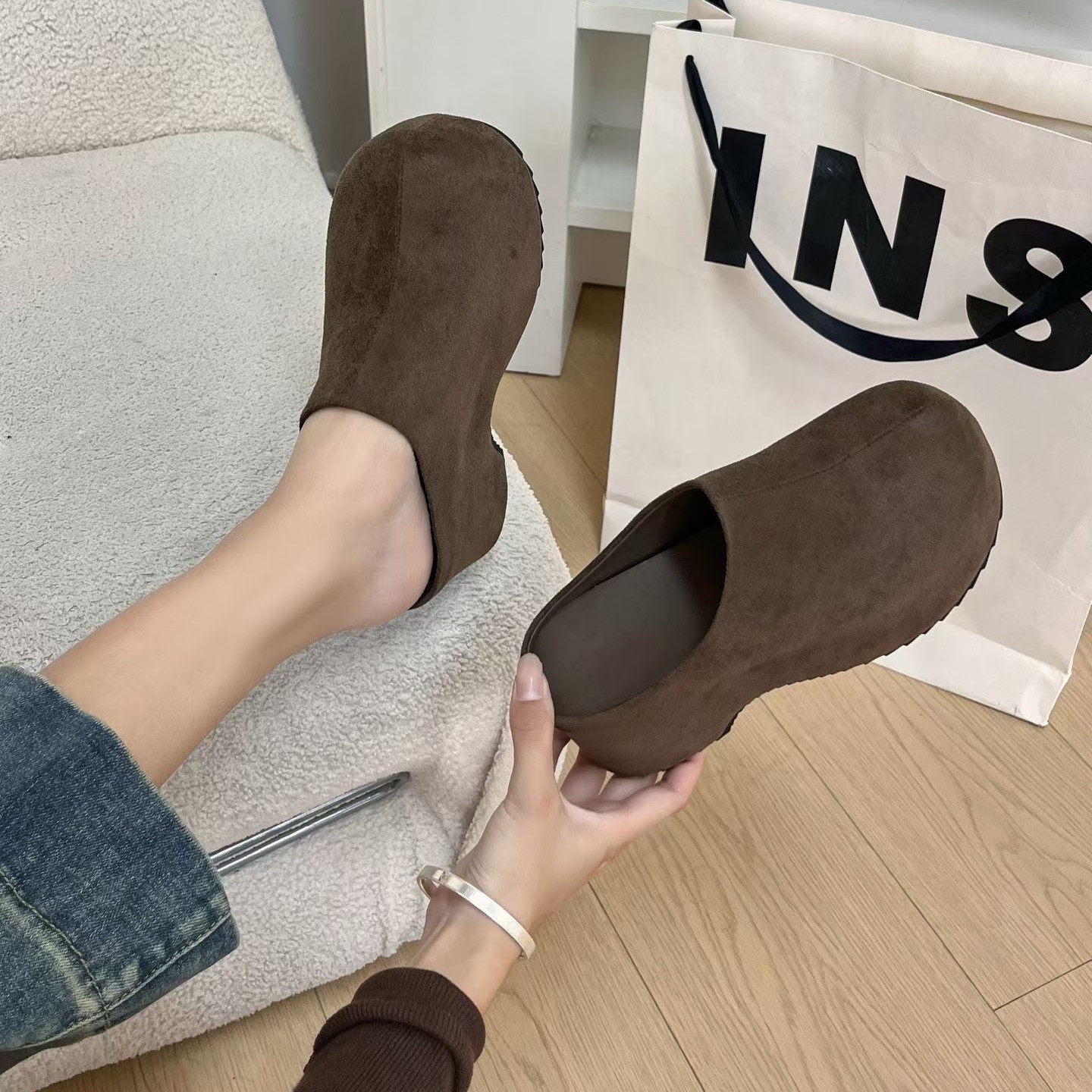 小皮鞋板鞋复古松糕鞋外穿百搭磨砂皮方头包头中口