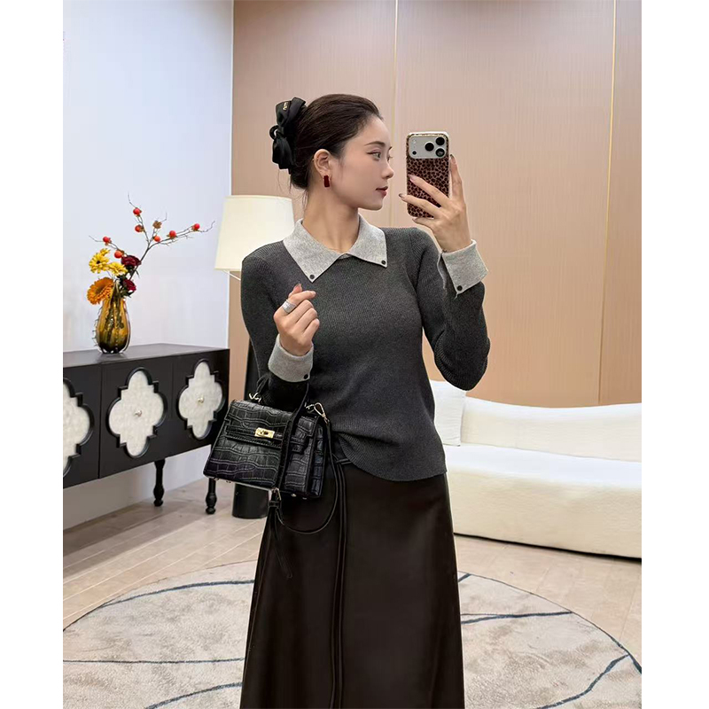 【墨灰素襟】翻领长袖针织T恤女秋修身显瘦简约轻奢百搭打底上衣093