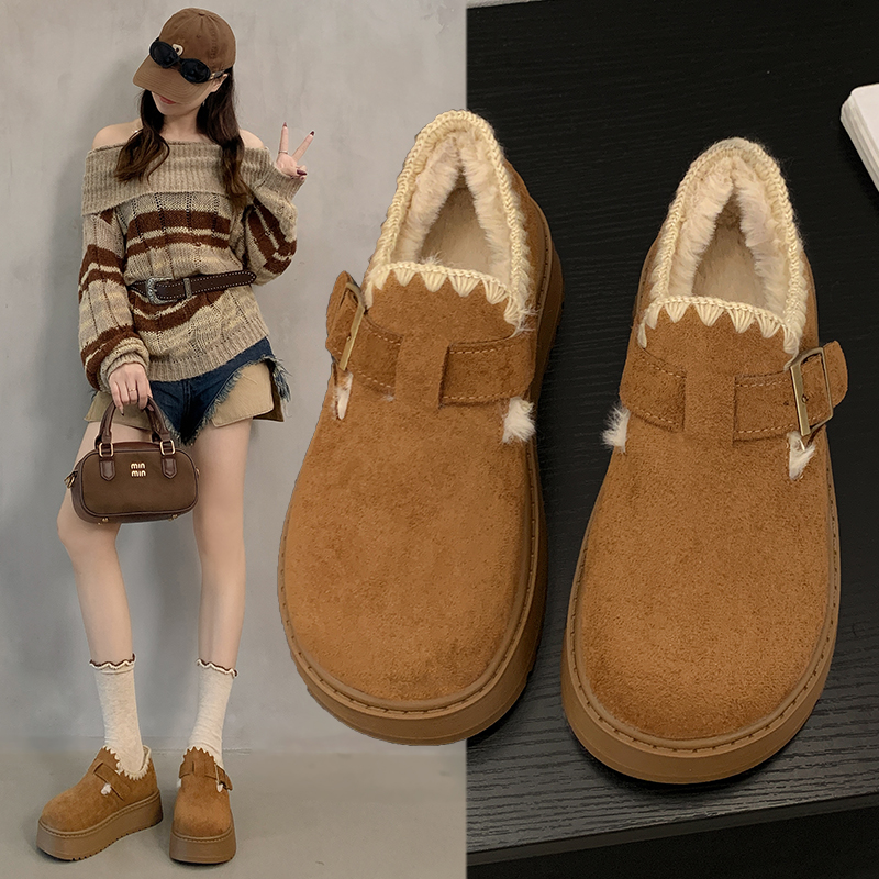 网红花边厚底加绒勃肯鞋女2025年冬季新款百搭一脚蹬棉鞋厚绒女鞋