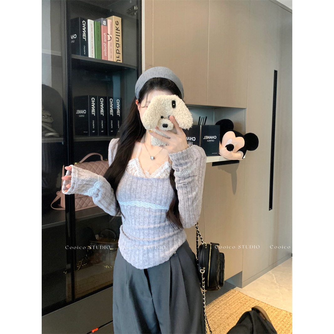 【青青】大码假两件拼接长袖T恤修身百搭甜酷辣妹打底衫女2614