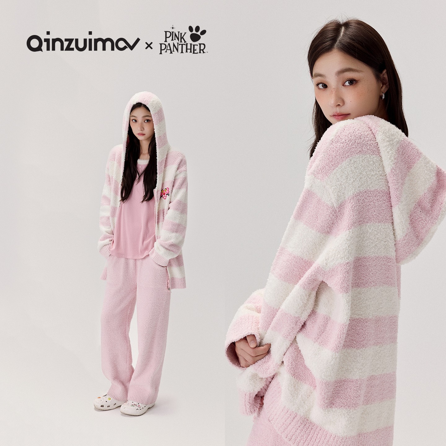 亲嘴猫【粉红豹】粉白条纹可外穿半边绒睡袍保暖家居服套装秋冬季