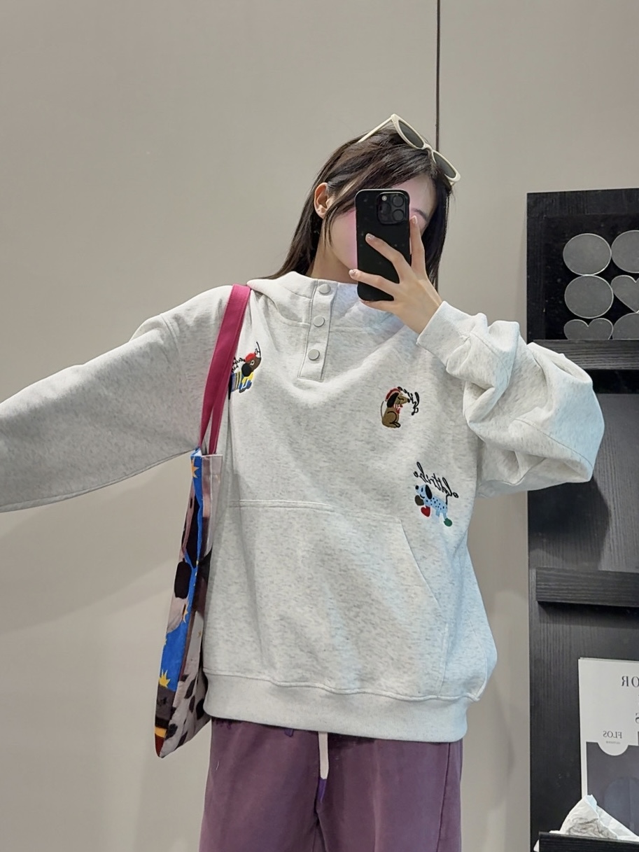 VThree重磅卫衣男女高街秋冬腊肠狗扣子刺绣宽松情侣潮牌连帽外套