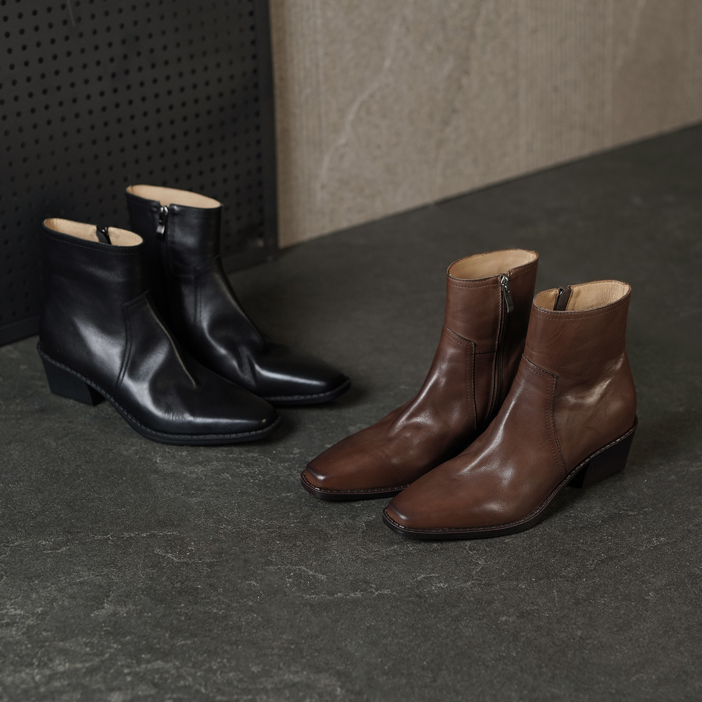 5.5cm34-40【重工定制】新款真皮复古极简短靴粗跟秋冬中跟方头裸靴