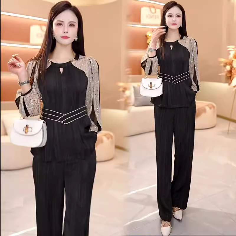 时尚拼接套装女2025春6新款洋气显瘦减龄长袖上衣阔腿裤两件套裤