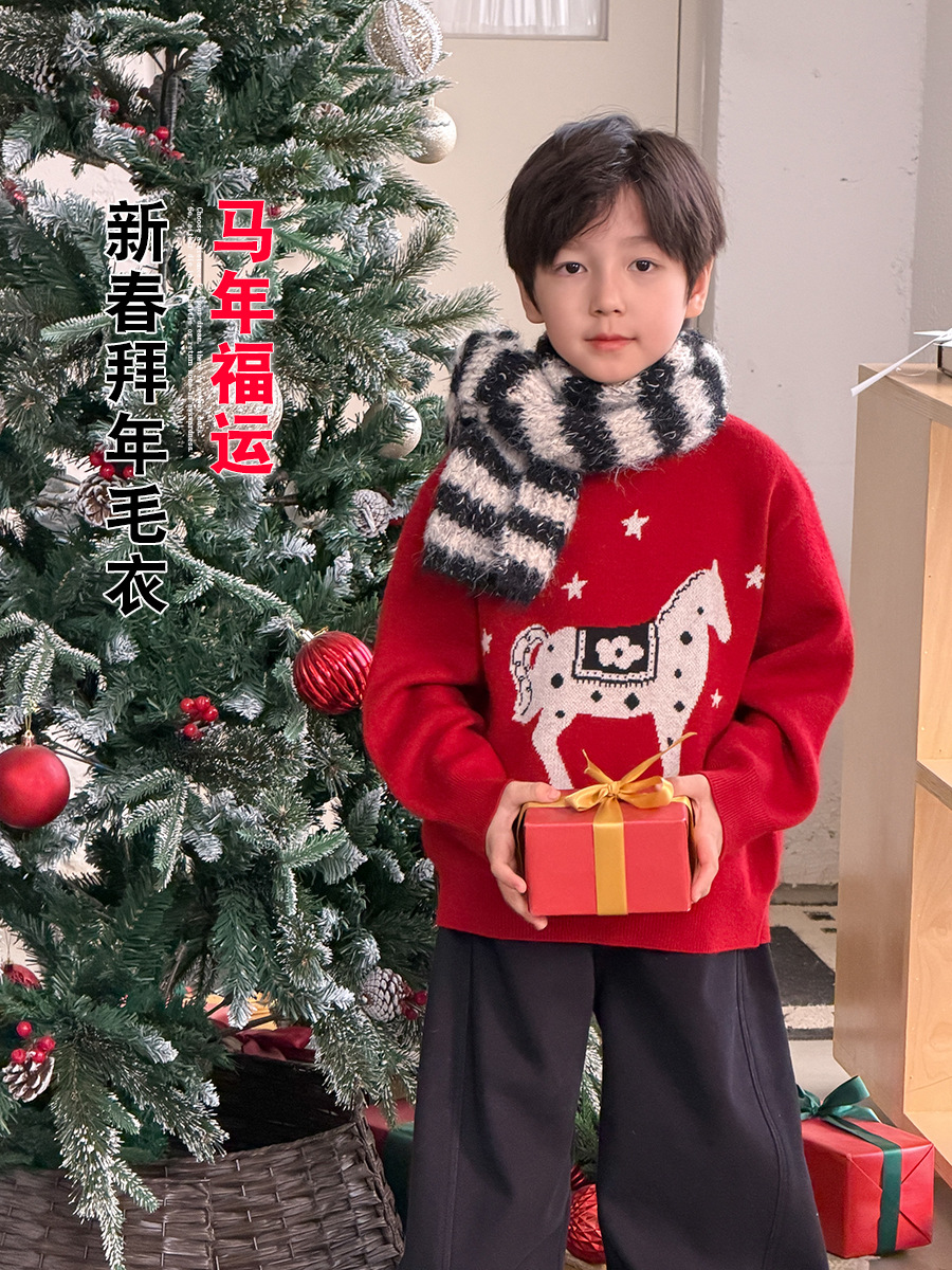 儿童新款上新加厚新年毛衣马年拜年服25M152