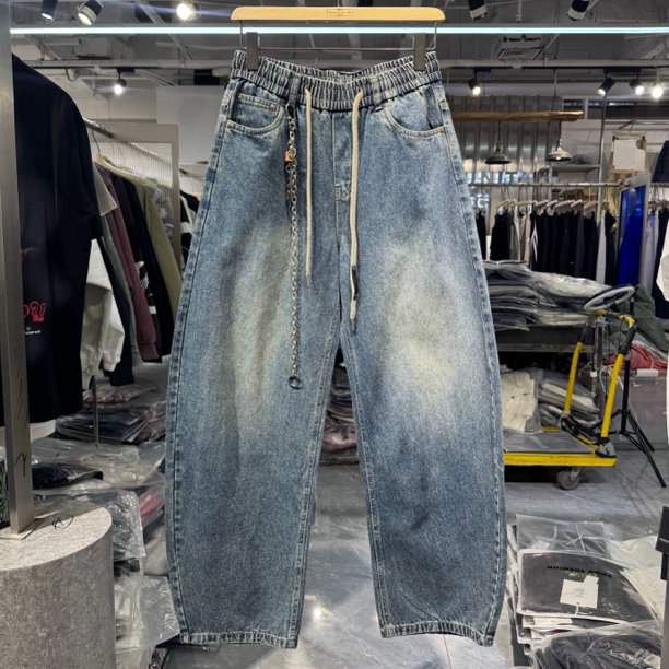 实体～25新款加绒复古水洗做旧弯刀牛仔裤男宽松直筒休闲裤帅