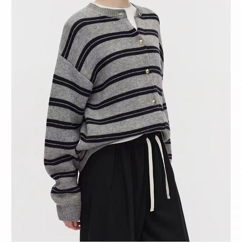 羊毛条纹针织外套女休闲上衣圆领开衫