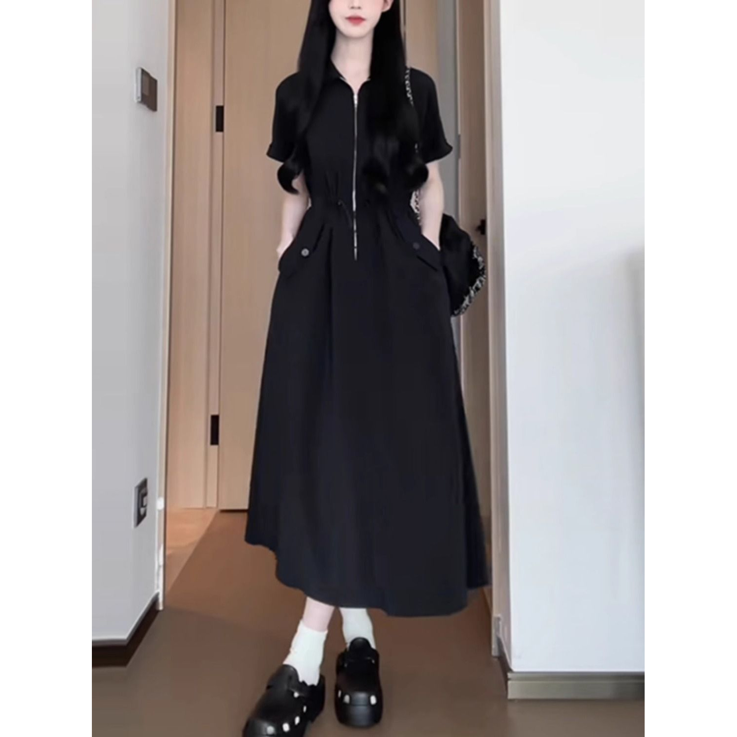 【店铺热销】大码设计感法式胖mm显瘦气质工装连衣裙夏季收腰遮肚子