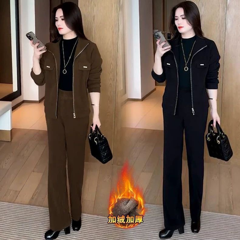 秋冬季新款时尚穿搭气质休闲运动宽松显瘦加绒加厚两件套女装套装