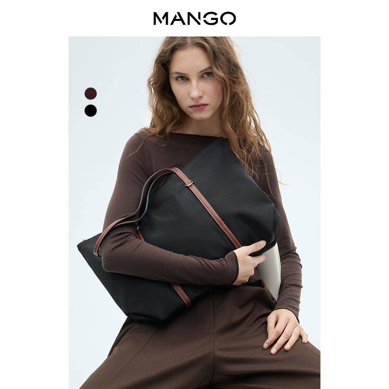 MANGO女装包包2025秋装新款尼龙带拉链通勤百搭气质大容量托特包