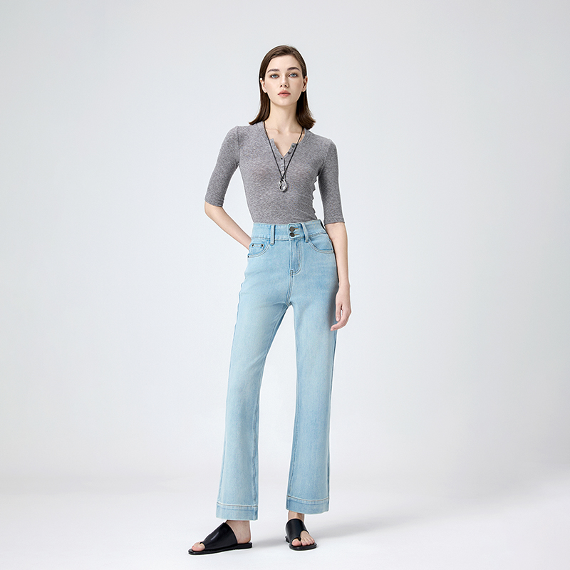 集也四面弹双粒扣烟管裤女2025春季醋酸修身显瘦九分直筒法棍裤