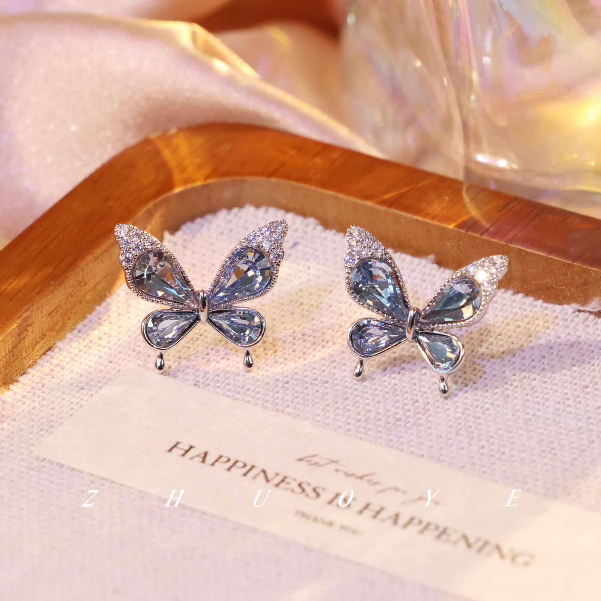 黄铜耳饰 灼晔•冰川蝴蝶 蓝色华子高级定制百搭贵气蝴蝶耳钉