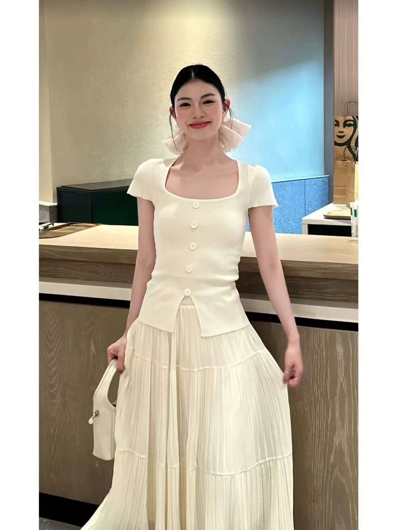 2629温柔甜美风针织衫半裙小个子套装夏季