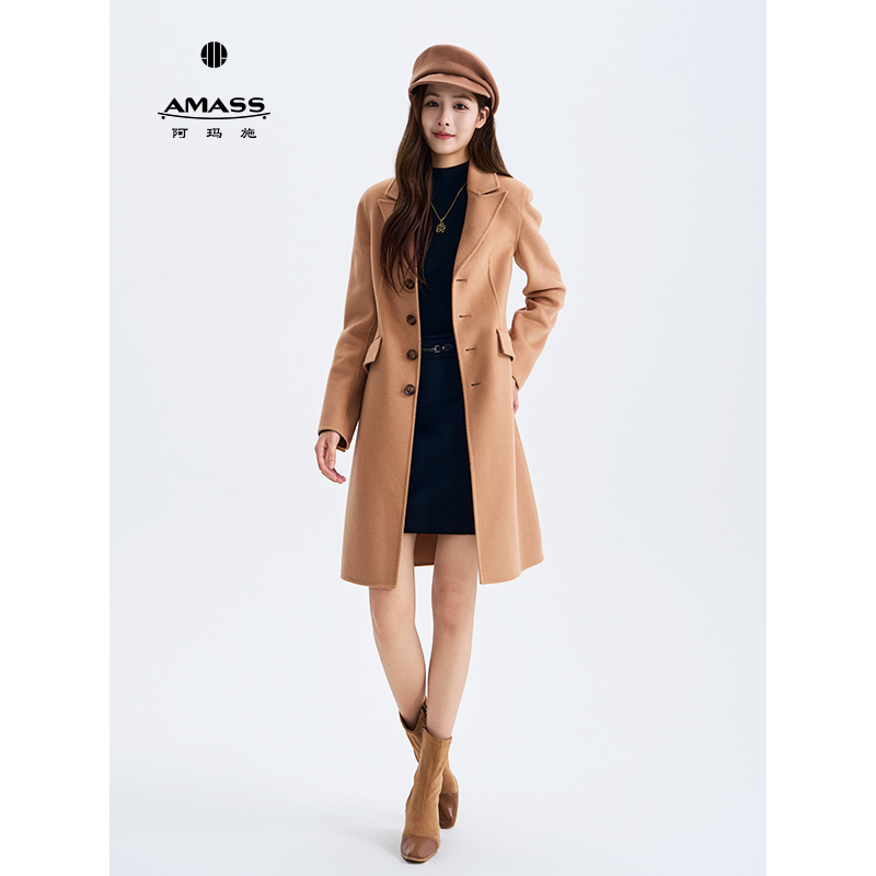 AMASS/阿玛施新款秋冬时尚气质复古经典中长款平驳领大衣 540038