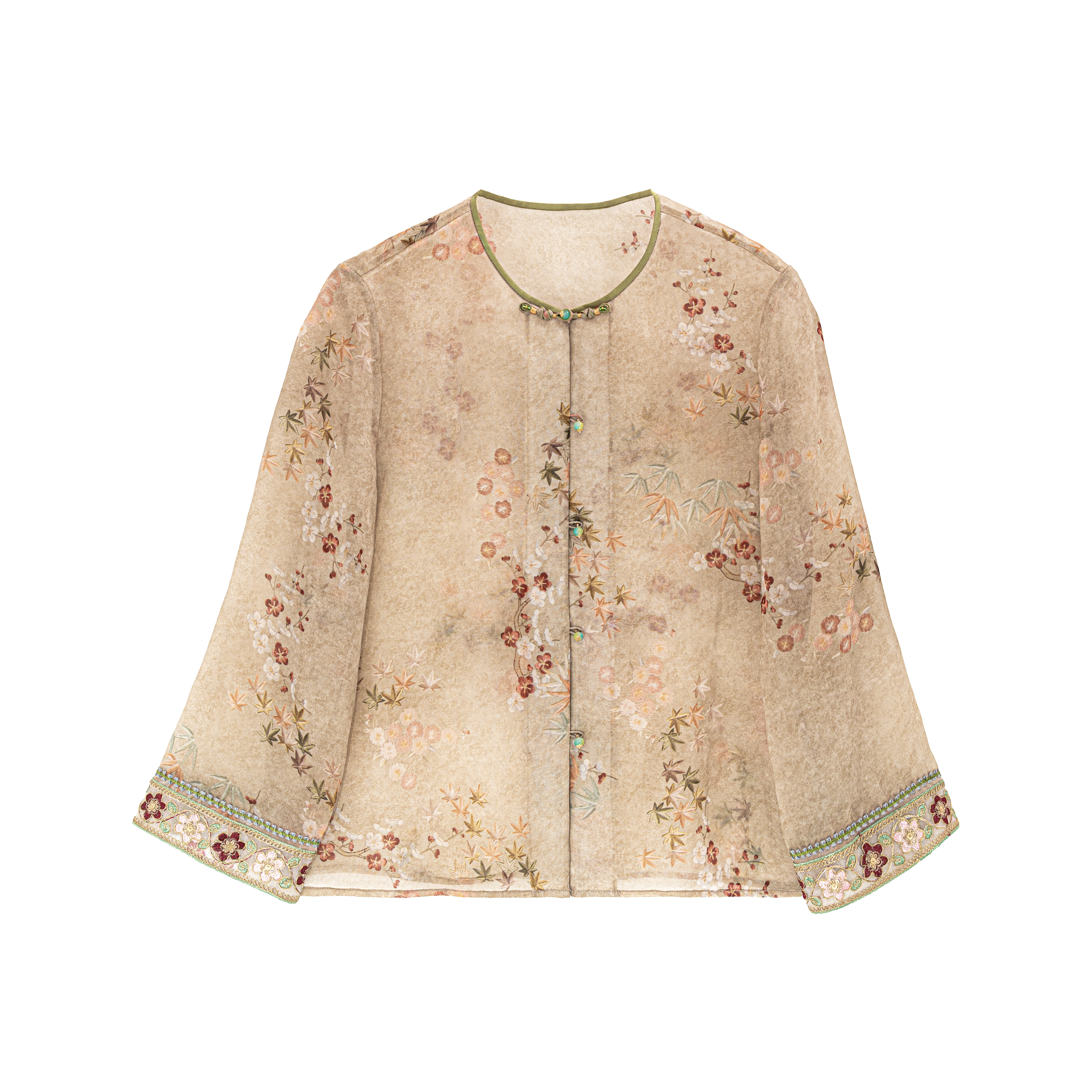 【花影】 桑蚕丝国风刺绣吸汗圆领提花短外套夏季新中式长袖A512110