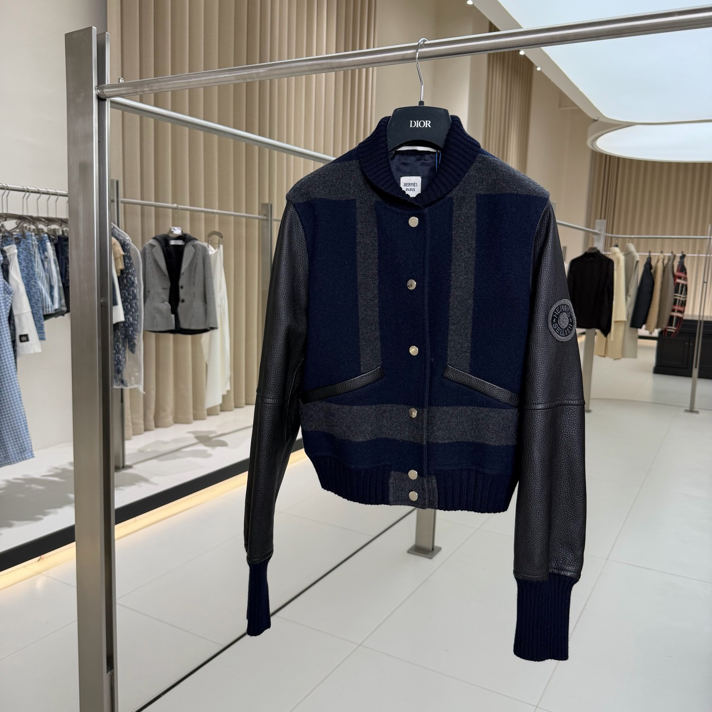 99新 Hermes/爱马仕 蓝灰拼皮羊绒外套 36码 GM005874