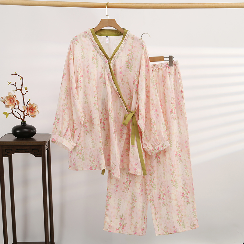 纯棉纱布汉服睡衣女加肥加大码胖MM200斤孕妇产后哺乳家居服套装