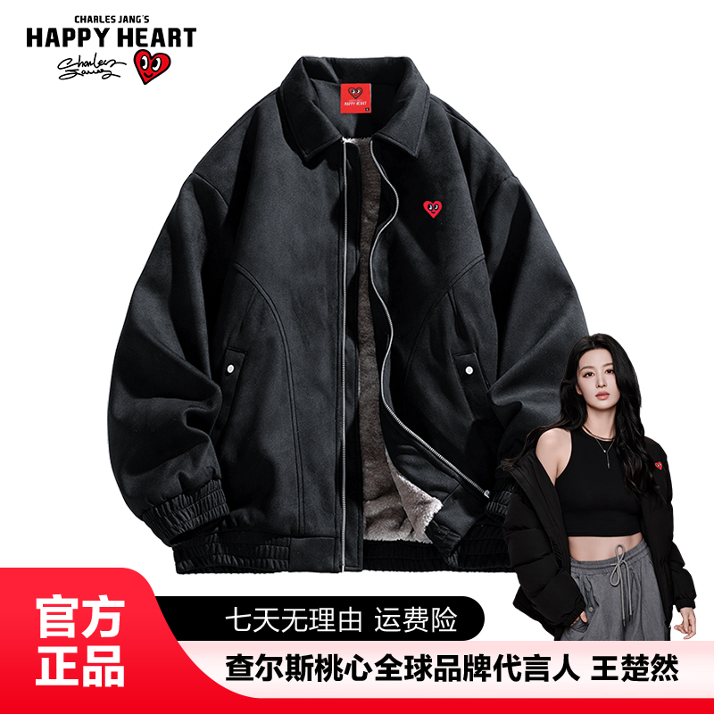 查尔斯桃心美式复古棉服加绒翻领夹克外套男女秋冬防风保暖休闲