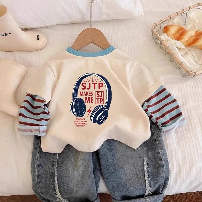 2025新款男女童假两件薄款上衣儿童休闲长袖T春秋圆领内搭打底衫