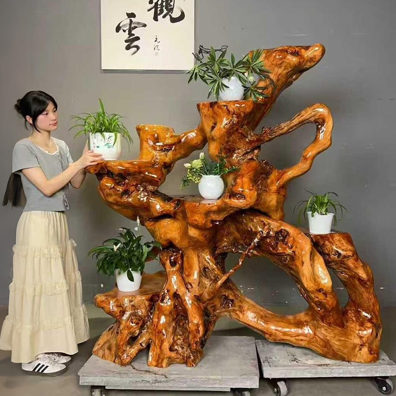 天然实木根雕花架落地式适合客厅与家居摆放的置物架