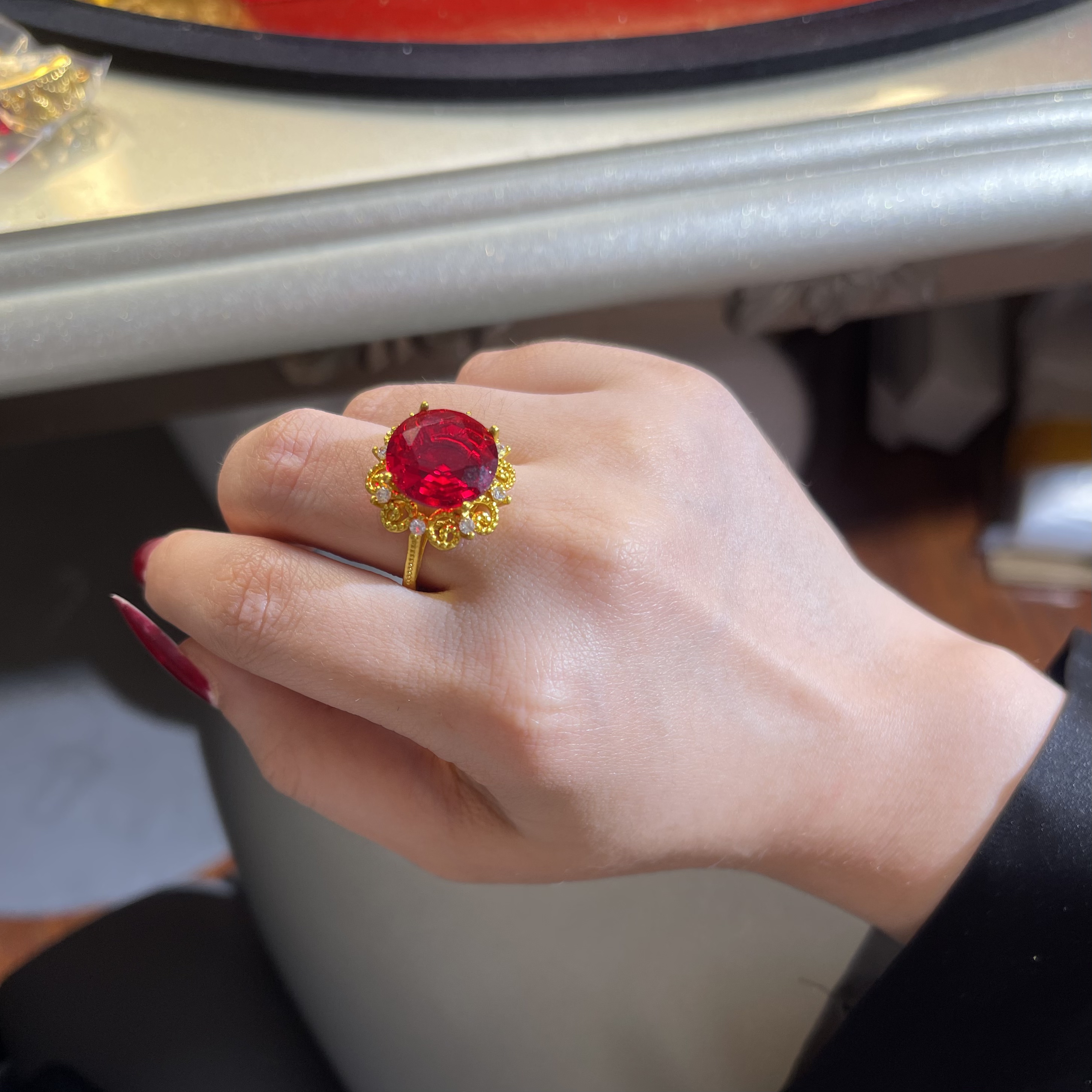 铜合金戒指 DANA红宝立体花戒指