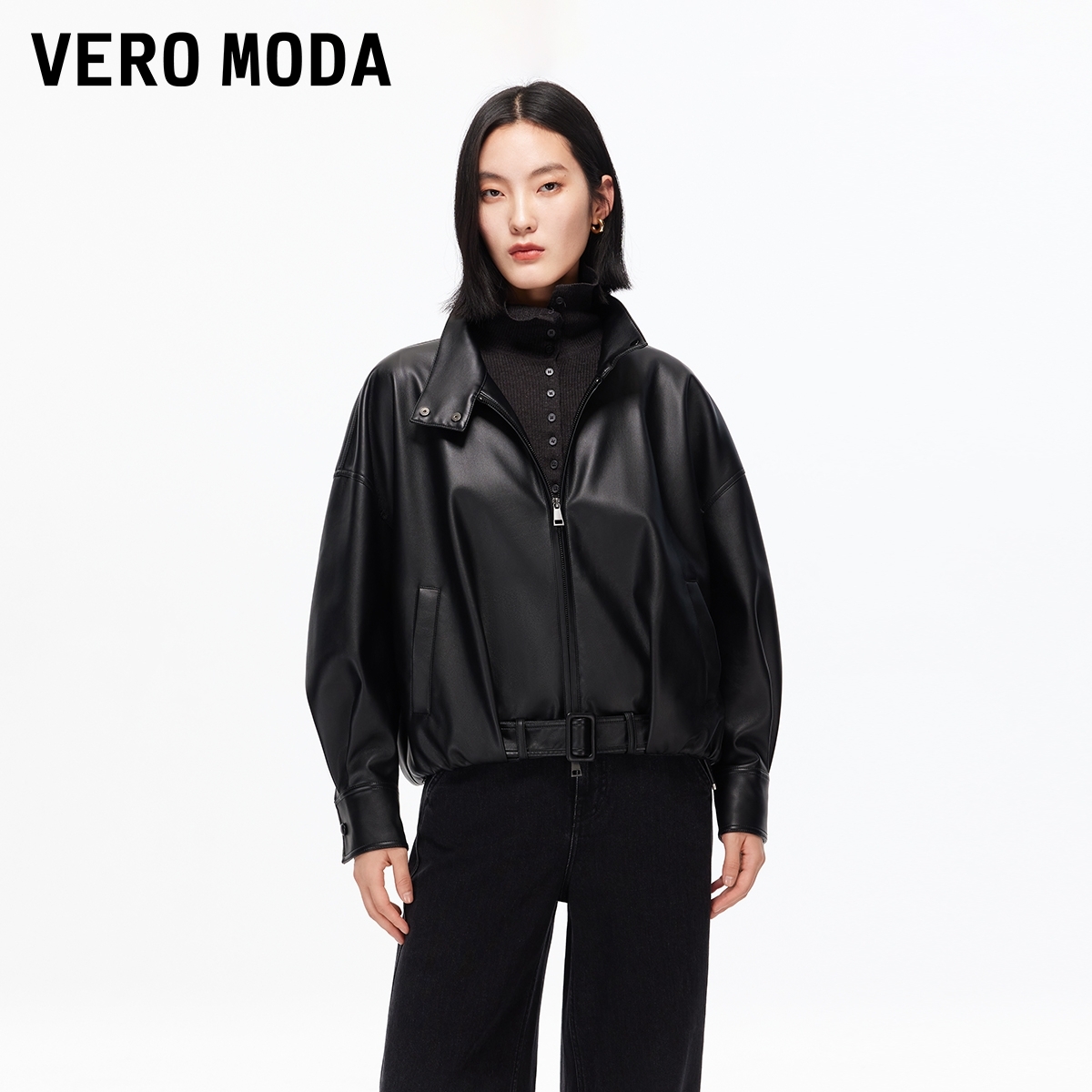 Vero Moda夹克2025冬季新款领口两穿宽松PU外套时尚帅气325417007