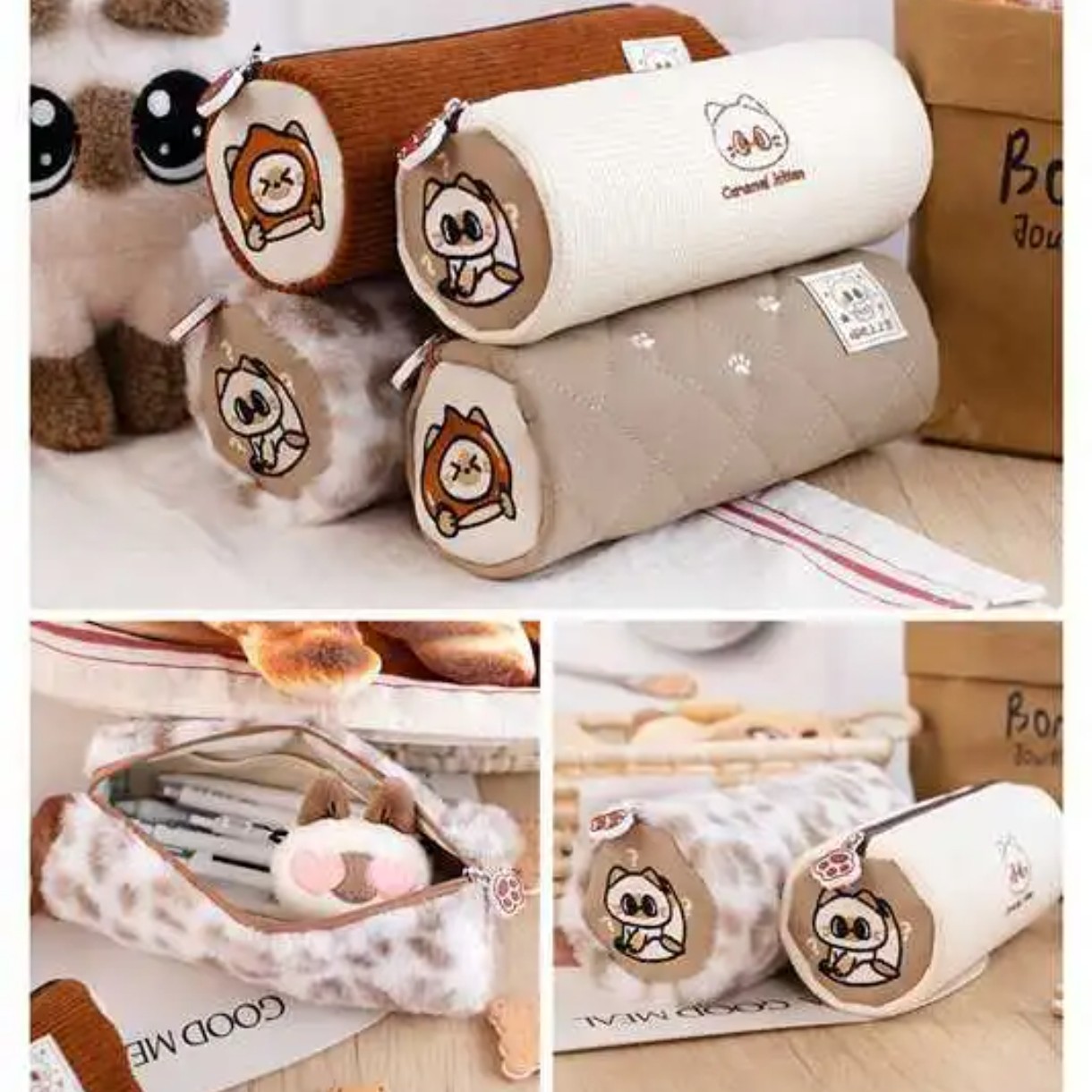 （一单到手四个）MK-9155焦糖小猫圆筒笔袋