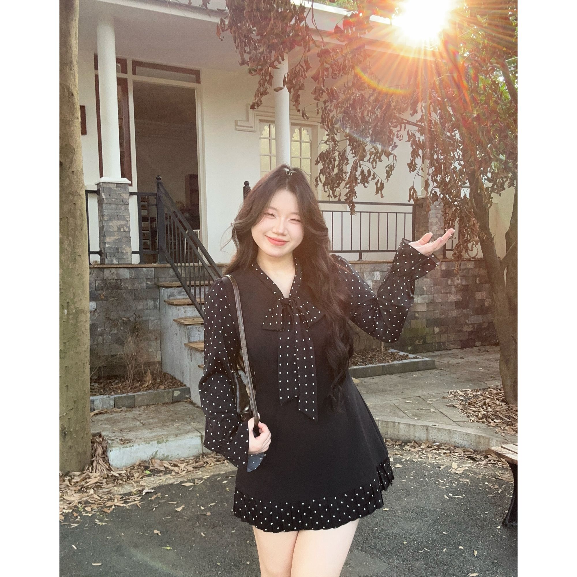 【浪漫波卡尔】大头婷丫丫微胖法式假两件波点系带收腰显瘦连衣裙